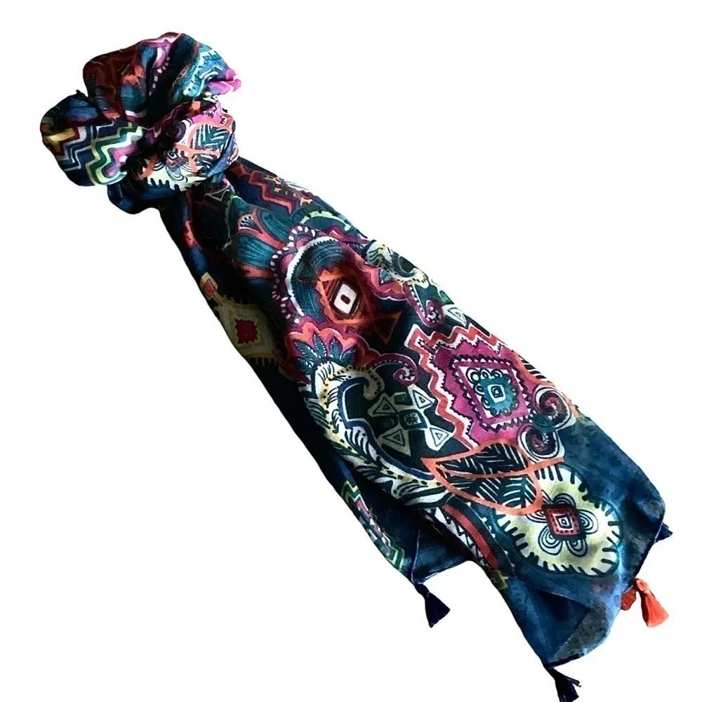 Paisley Print Scarf Aztec Accents Fringe Navy Multicolored Long 36” x 70” New!